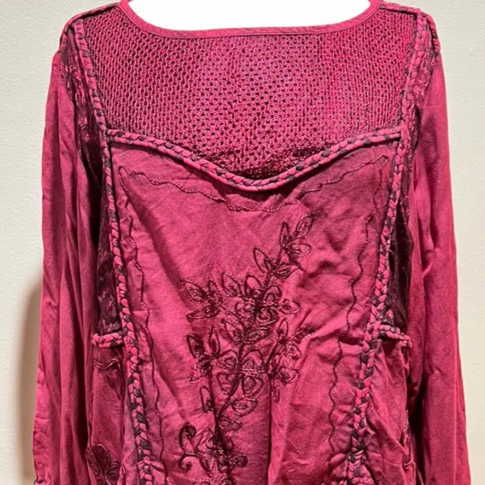 The Pyramid collection wine color bohemian embroidered & detailed tunic 1X